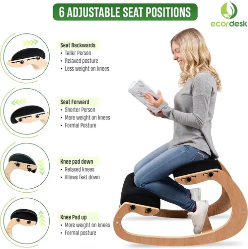 Vista 4 de Silla ergonómica, asiento ajustable, silla de oficina para escritorio, corrector de postura, cojín cómodo de alta calidad, mecedora de madera (negro)