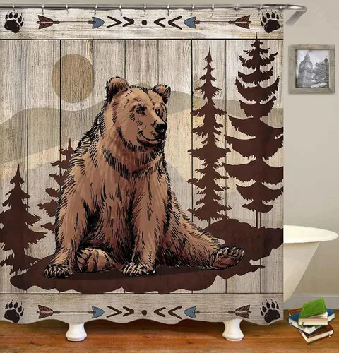 Vista 87 de Camille&Andrew - Juego de 4 cortinas de ducha de tela de ciervo rústico negro, alce, alce, pino, luna, casa de campo, panel rústico, tablero