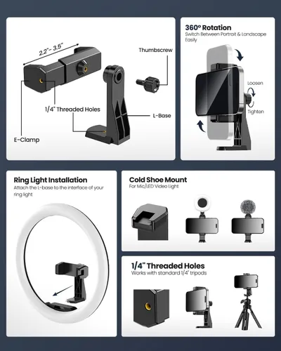 Vista 7 de UBeesize Anillo de luz LED de 12 pulgadas con soporte de trípode de 62 pulgadas, anillo de luz para selfie para grabación de video, transmisión