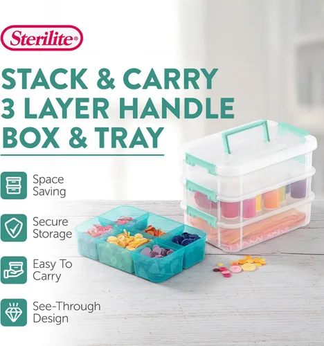 Vista 3 de Sterilite Paquete de 12 cajas de almacenamiento de plástico, 3 capas, apilar y transportar, transparente/azul