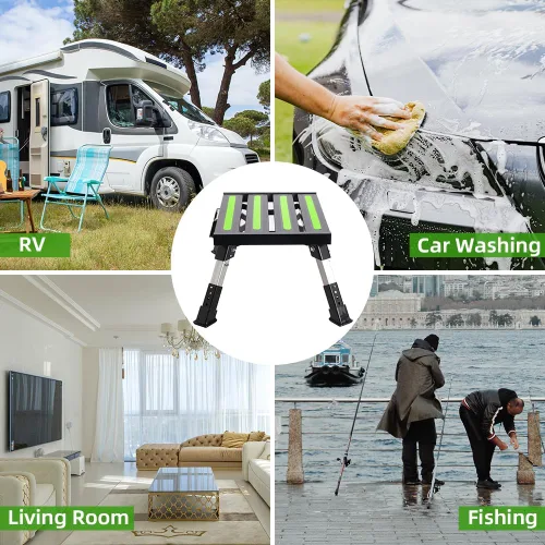 Vista 6 de Homeon Wheels Taburete para caravana, plataforma de aluminio plegable de altura ajustable, pies de goma antideslizantes, rayas reflectantes, mango