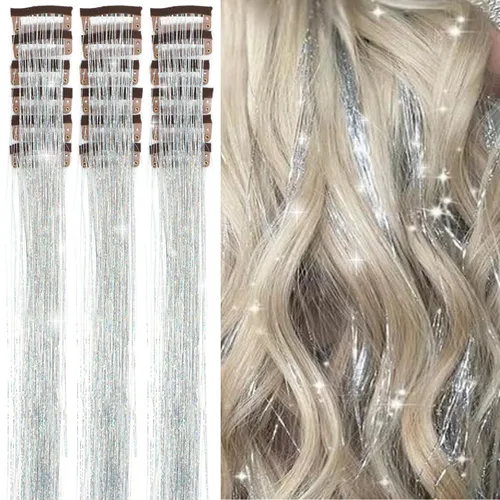 Vista 25 de Clip de oropel para el cabello, kit de 18 piezas de oropel para niñas, extensiones de cabello de oropel con purpurina, clip de oropel de cabello