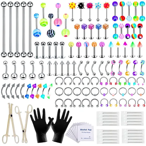 Kit completo de 140 piercings con acero inoxidable 14G 16G y joyas acrílicas para todos los piercings corporales, incluyendo cejas, nariz, labio