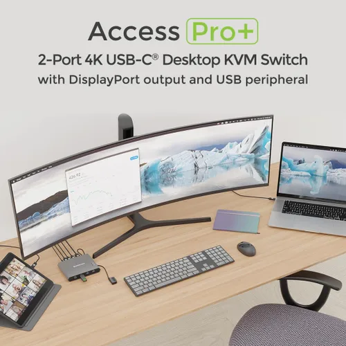 Vista 5 de IOGEAR Access Pro Plus - Conmutador KVM USB-C de 2 puertos, 1 monitor, 2 computadoras 4K 60Hz, salida DisplayPort, concentrador USB de 4 puertos