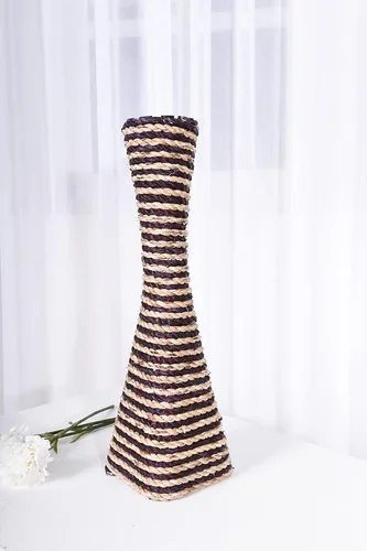 Vista 4 de Leewadee Jarrón grande de mimbre para piso, hecho a mano, hecho de bambú y basta, sofisticado embudo para ramas decorativas, 16 pulgadas, marrón