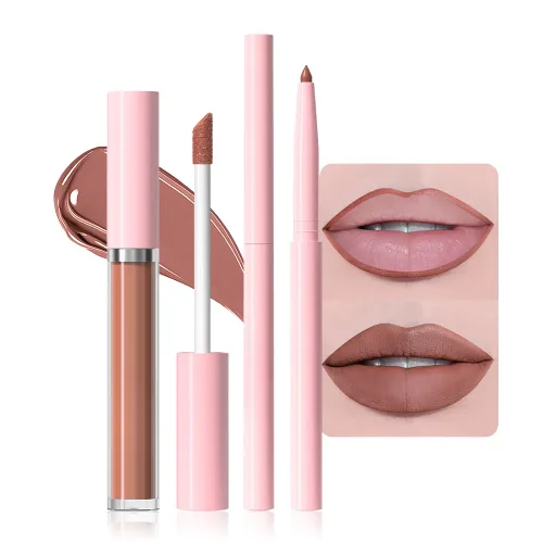 Vista 20 de AMY'S DIARY Juego de 2 piezas de delineador de labios y lápiz labial mate color marrón palisandro, tinte de labios verde brillo labial lápiz labial