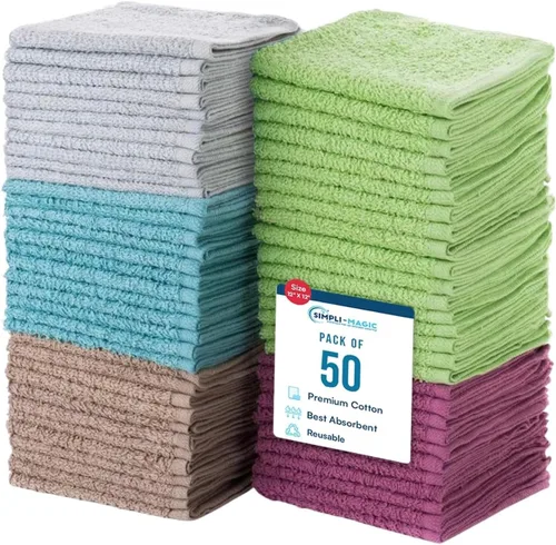 Simpli-Magic Toallas de algodón de 12 x 12 pulgadas (paquete de 50 unidades) – Toallas suaves altamente absorbentes para baño – Paño comercial de