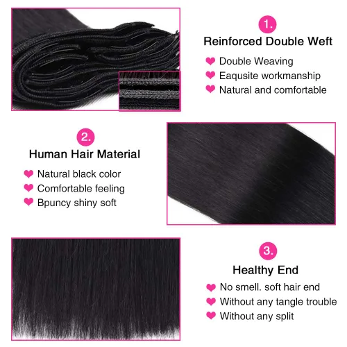 Vista 3 de Extensiones de cabello natural recto con clip para mujeres negras, 100% sin procesar, para la cabeza completa, cabello natural virgen brasileño