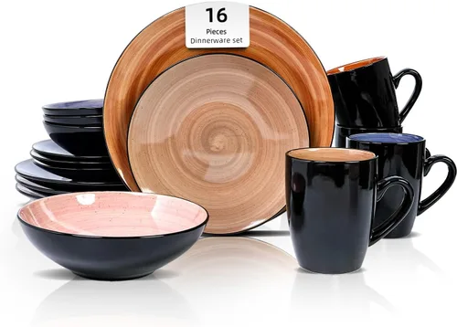 Vista 12 de Sonoma - Juego de vajilla de gres de 16 piezas, exterior negro + interior pintado a mano color azul