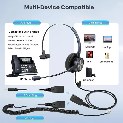 Vista 4 de MAIRDI Auriculares para teléfono con conector RJ9 y conectores de 0.138 in para centro de llamadas, oficina, escritorio, teléfono celular, PC