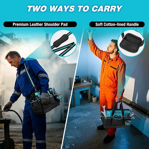 Vista 7 de DURATECH Bolsa de herramientas de 16 pulgadas resistente con fondo duro impermeable, bolsa organizadora de herramientas de boca ancha abierta con 18
