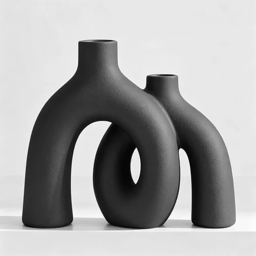 Vista 14 de Juego de jarrones negros mate – Jarrones estéticos de cerámica Hug Hollow Donut para decoración del hogar, moderno jarrón decorativo nórdico