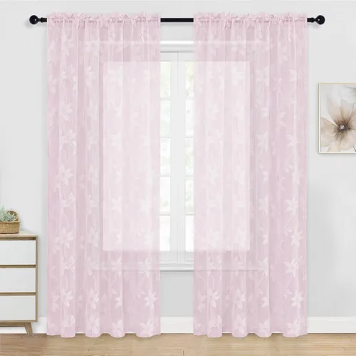 Vista 60 de DWCN Paquete de 2 cortinas traslúcidas pequeñas de encaje floral beige para cocina, cortinas traslúcidas ligeras con bolsillo para barra, cortinas