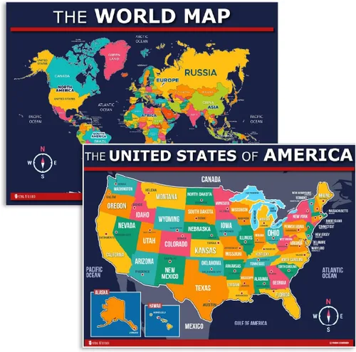 Póster de mapa de Estados Unidos y del mundo 2 unidades para niños laminado azul (actualizado fijo V2.0) Young N Refined (18x24)