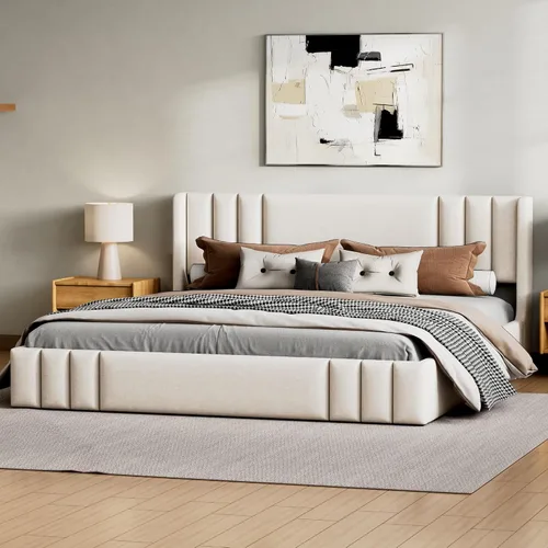 Vista 14 de Base de cama tapizada de terciopelo con cabecera capitoné de canal, cama de perfil bajo tamaño Queen con soporte de listones resistente, no necesita