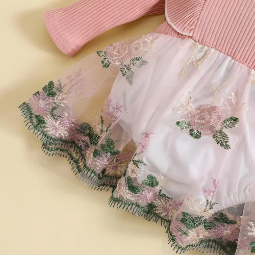 Vista 7 de Mameluco de manga larga con volantes para bebé niña, mameluco bordado de malla, vestido tutú para otoño
