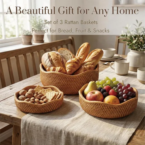 Vista 5 de YANGQIHOME Cesta de pan de ratán, cestas redondas de frutas, cuencos de almacenamiento de mimbre, cuencos de servicio tejidos naturales, cestas