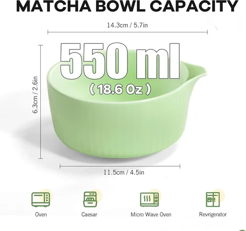 Vista 5 de Juego de té matcha tradicional, juego completo de 8 piezas con cuenco de cerámica Chawan con boquilla, batidor de bambú y soporte, cuchara, tamiz