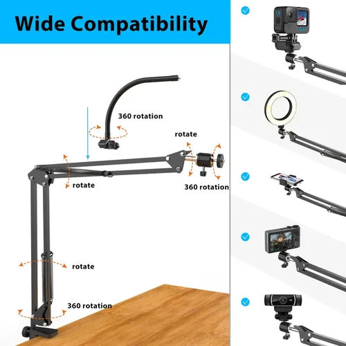 Vista 12 de Soporte de cámara superior con anillo de luz, brazo flexible articulado para teléfono compatible con iPhone, webcam Logitech, trípode de escritorio