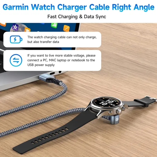 Vista 2 de Garmin - Cable cargador de reloj en ángulo recto [2 unidades, 4 pies] compatible con Garmin Fenix 5 5S 5X 6 6S 6X Plus Pro 7 7S 7X 8, Forerunner 945