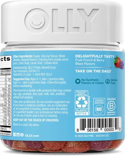 Vista 8 de OLLY Gomitas multivitamínicas y probióticas para niños, apoyo digestivo, vitaminas A, D, C, E, B, zinc, suplemento masticable, sabor a bayas