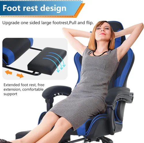 Vista 6 de PayLessHere Silla ergonómica de escritorio de carreras, silla de computadora, silla de juegos con reposapiés, soporte lumbar, reposacabezas y Azul