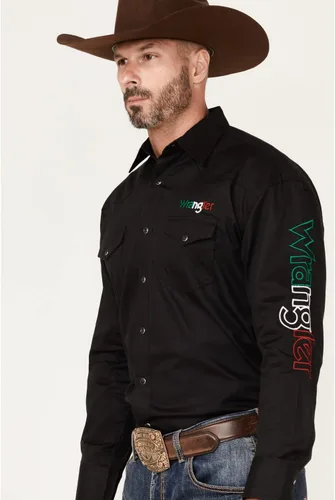 Vista 3 de Wrangler Camisa de manga larga negra con logotipo de Mexi para hombre