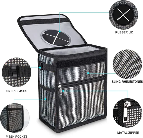 Vista 2 de Ovege Bote de basura para automóvil, accesorios brillantes, cubo de basura interior con tapa, impermeable, para autos, SUV (grande, 3 galones)