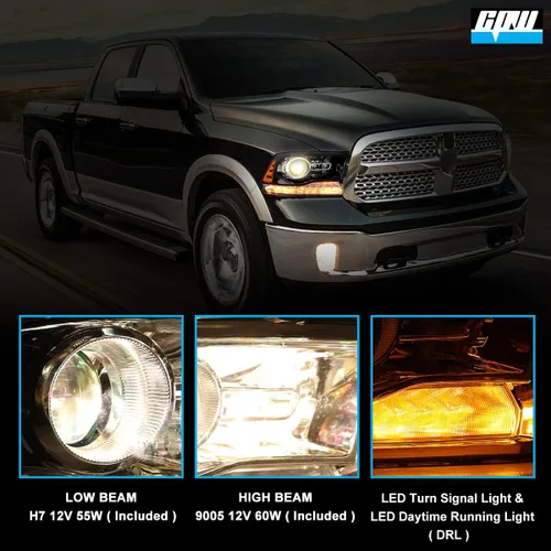 Vista 4 de CPW Faros delanteros aptos para Dodge Ram 1500 2500 3500 2013-2018 con luz de posición LED de fábrica, conjunto de lámparas de cabeza de proyector