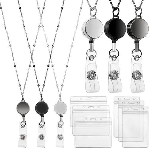 Vista 8 de Zonon Cordón Retráctil con Portaidentificación 3 Piezas Collar de Insignia con Cuentas con 6 Portarjetas Impermeables de Acero Inoxidable ID Negro