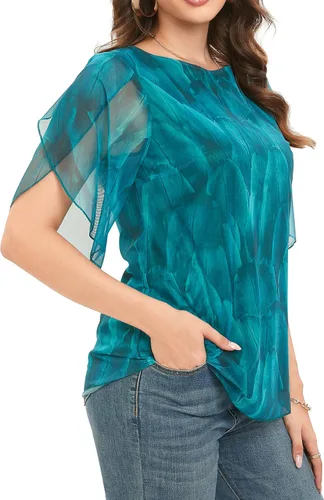 Vista 2 de Oyamiki Blusas de gasa fluidas de media manga para mujer con cuello redondo