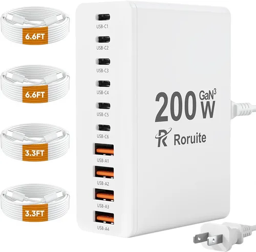 Vista 10 de Estación de carga USB C de 10 puertos con 4 cables USB, bloque de cargador GaN tipo C de 200W, adaptador de enchufe de regleta de alimentación