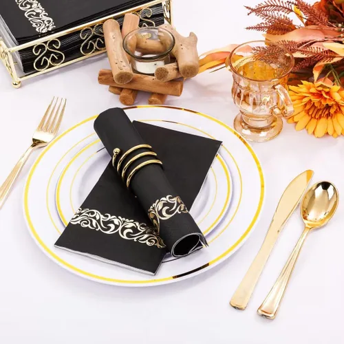 Vista 6 de WDF 100 unidades de servilletas negras y doradas desechables - 3 capas, servilletas negras con borde dorado, servilletas desechables de papel