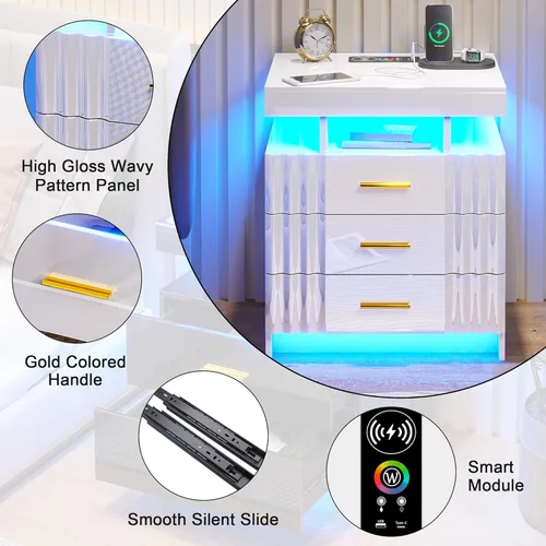 Vista 57 de HNEBC Mesita de noche LED, mesita de noche negra con estación de carga, USB + tipo C + carga inalámbrica, mesita de noche inteligente con sensor