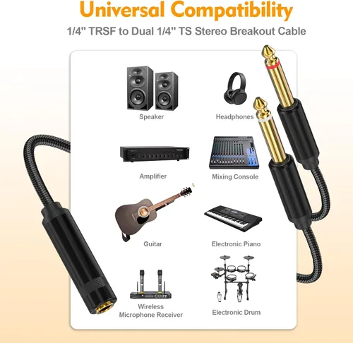 Vista 3 de HOSONGIN - Cable de inserción divisor en Y estéreo de 1/4 TRS a dual de 1/4 TS mono, con conector chapado en oro, blindaje doble y funda de nylon