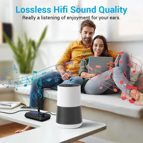 Vista 7 de Bluetooth Transmitter Receiver 3-in-1 Bluetooth 5.3 Audio Adapter for 2 Headphones with Bypass Volume Control ON/Off Switch LCD Display 3.5mm