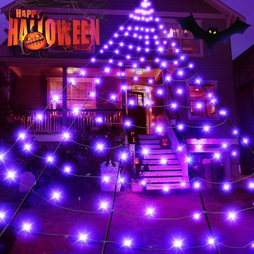 BlcTec Luces de telaraña gigante de Halloween, 19.7 pies x 14.7 pies, tela de araña negra iluminada con 250 LED, luces de red de Halloween de