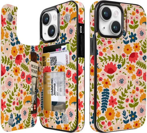 Vista 19 de uCOLOR Funda de piel con tapa para tarjetas compatible con iPhone 13 6.1, iPhone 14 6.1, mujeres y niñas con tarjetero y función atril