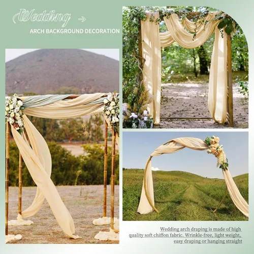 Vista 6 de 4 paneles de tela drapeada para arco de boda, cortinas de champán de 28 pulgadas x 20 pies, cortina de gasa transparente, cortinas de techo