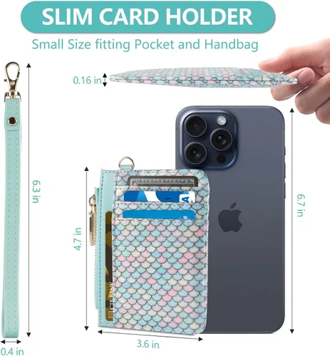 Vista 4 de Cartera pequeña de cuero con protección RFID de sirena para tarjetas de crédito, cartera delgada con correa para la muñeca con bolsillo