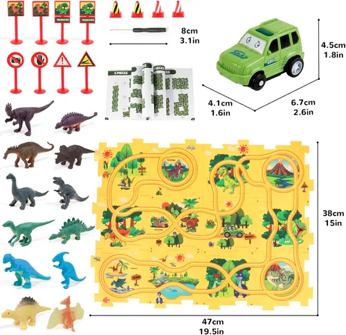 Vista 7 de Juego de Pista de Rompecabezas de Coches con 12 Figuras de Dinosaurios, Rompecabezas de Suelo de Vagón de Plástico para Niños de 3-5 Años