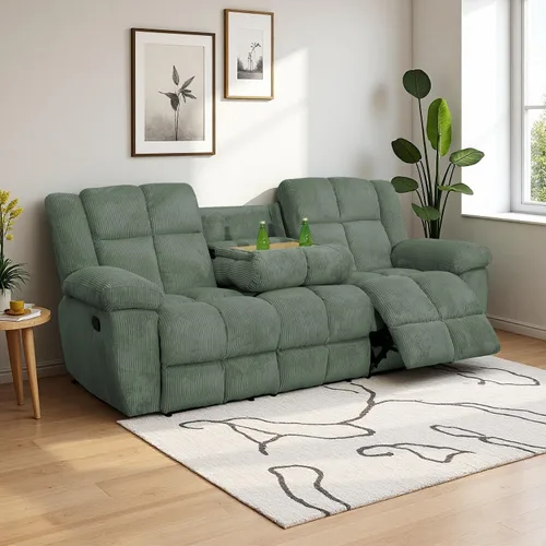 Vista 26 de Juego de sofá reclinable de pana, sofá reclinable manual con portavasos/mesa auxiliar, cómodos sofás reclinables de tela, juegos de muebles de sala