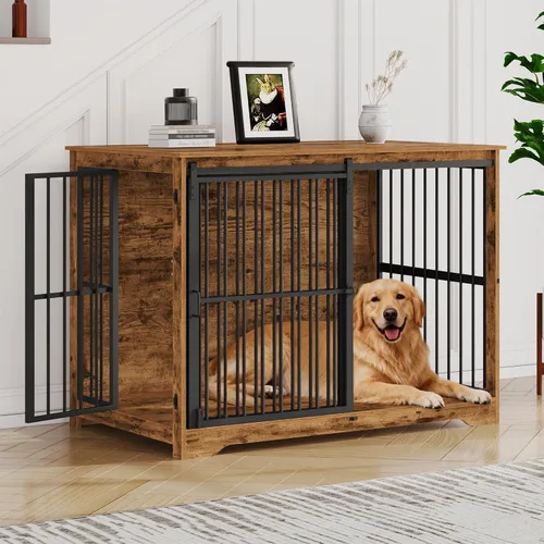 Vista 15 de Hzuaneri Mueble XL grande para perros, muebles de interior para perreras de 44.1 pulgadas con puerta de granero, jaula alta de madera para perros