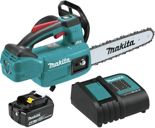 Makita XCU06SM1 Kit de motosierra inalámbrica de iones de litio sin escobillas (4.0Ah) de 18V LXT de 10" con mango superior, Azul Verde