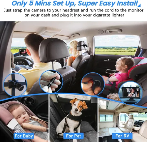 Vista 7 de FEISIKE Cámara de coche para bebé, 4.3 pulgadas, función de visión nocturna infrarroja HD, pantalla de cámara de coche para bebé, cámara de asiento