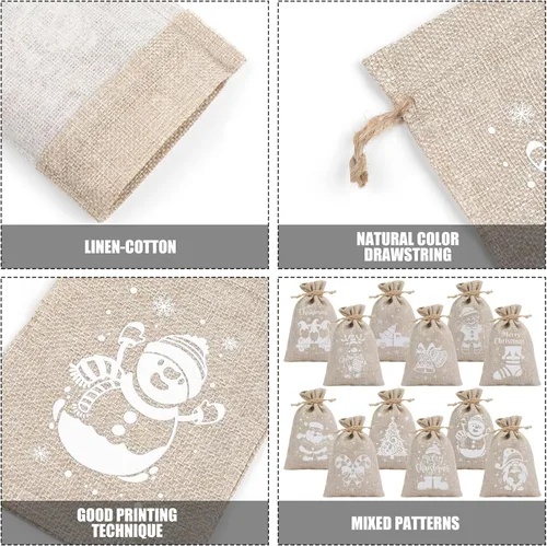 Vista 4 de CCINEE 36 pzas bolsas de lino navideñas con cordones, bolsas de regalo de arpillera navideña con cordones dobles de yute, 4 diseños: muñeco de 36