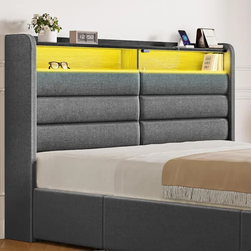 Vista 6 de Seventable Base de cama individual con cajones de almacenamiento y estación de carga, cama de plataforma tapizada con luz LED y cabecera de Gris