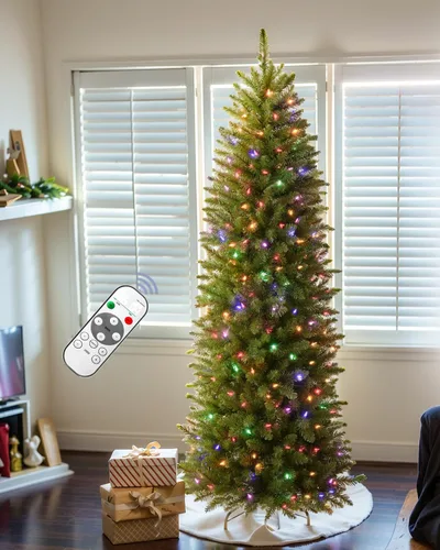 Árbol de Navidad tipo abeto delgado preiluminado de 6 pies, con control remoto, 250 luces blanco cálido multicolor, articulado, realista, para Verde