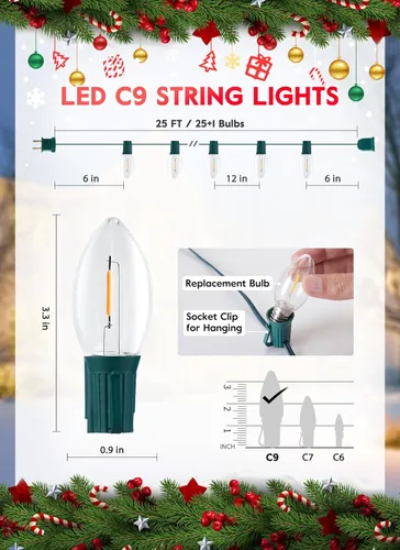 Vista 3 de Luces LED vintage C9 de Navidad, cadena de luces C9 de 25 pies con 25 bombillas LED C9 de plástico, luces impermeables conectables al aire libre