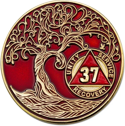 Vista 99 de 1 año Sobriety Mint Twisted Tree of Life Medallón de recuperación AA chapado en oro, chip/ficha - negro